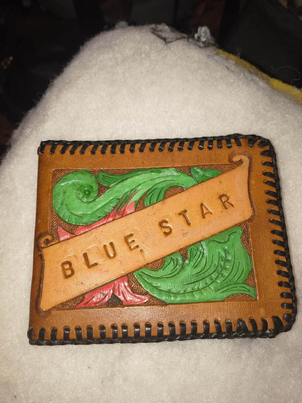 Embossed Leather Wallet - Tan with Green & Red Accents